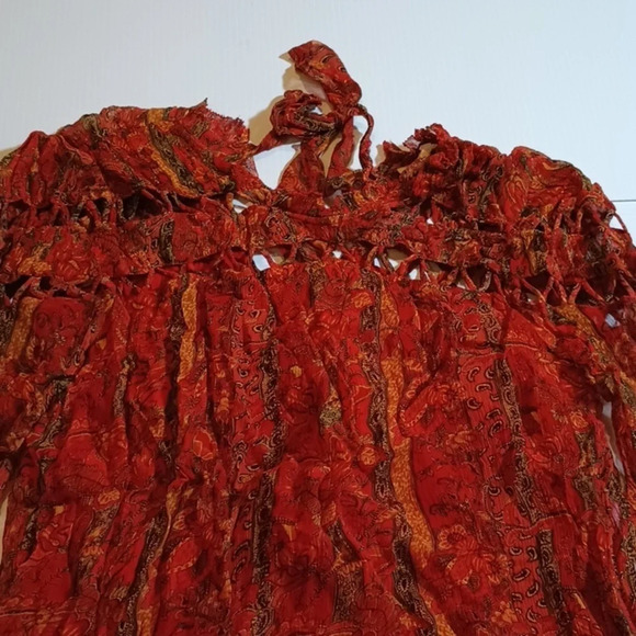 Let Me Be Rusty Orange Cut Out Sheer Lines Retro Blouse A25 - Picture 2 of 7